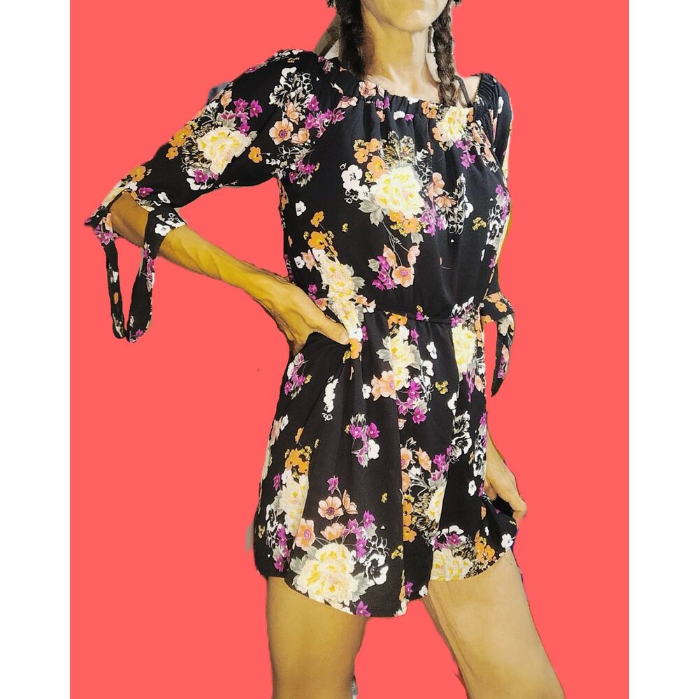 AS U WISH ~ Black Floral Boho Off-Shoulder Mini Dress ~ Size Medium
